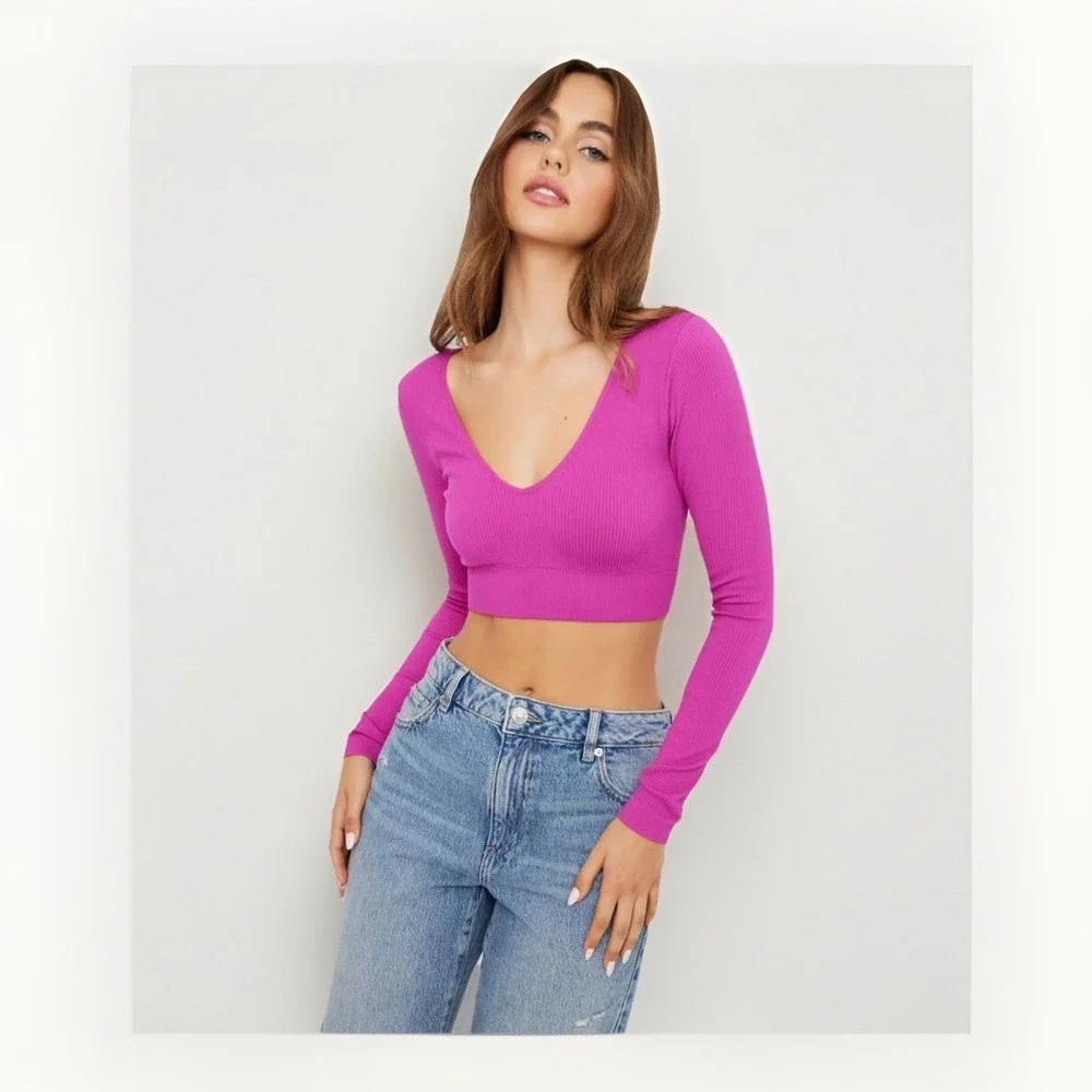 Garage Hot Pink Ribbed Long Sleeve Baby Tee Top Small Cropped Going Out Y2K Vibe - Picture 2 of 9